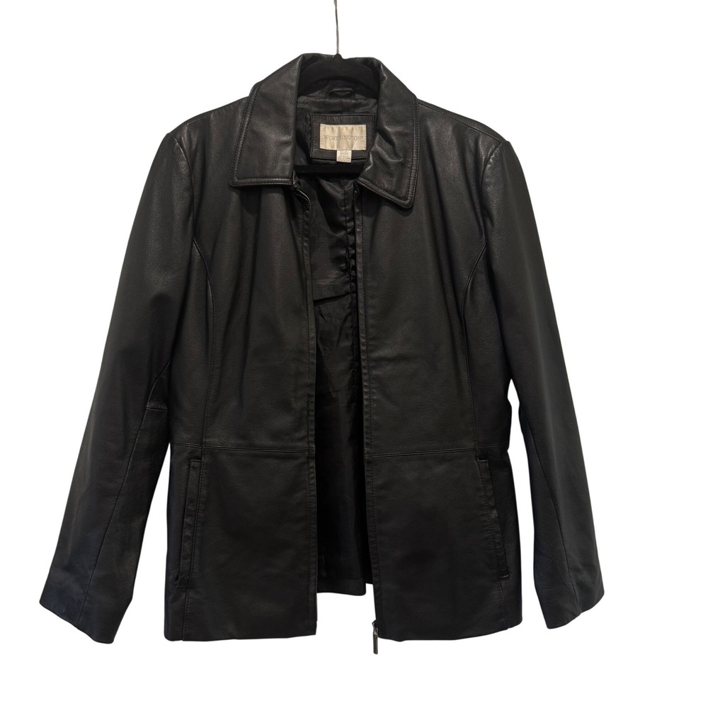 Worthington Leather Jacket Womens Medium Black Zip Up Collared Moto Bikercore